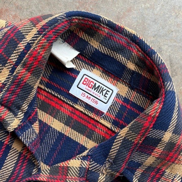 VTG 70s BIG MIKE Vintage Plaid Flannel Shirt Men Made in USA Red Blue Tan L - Picture 2 of 8